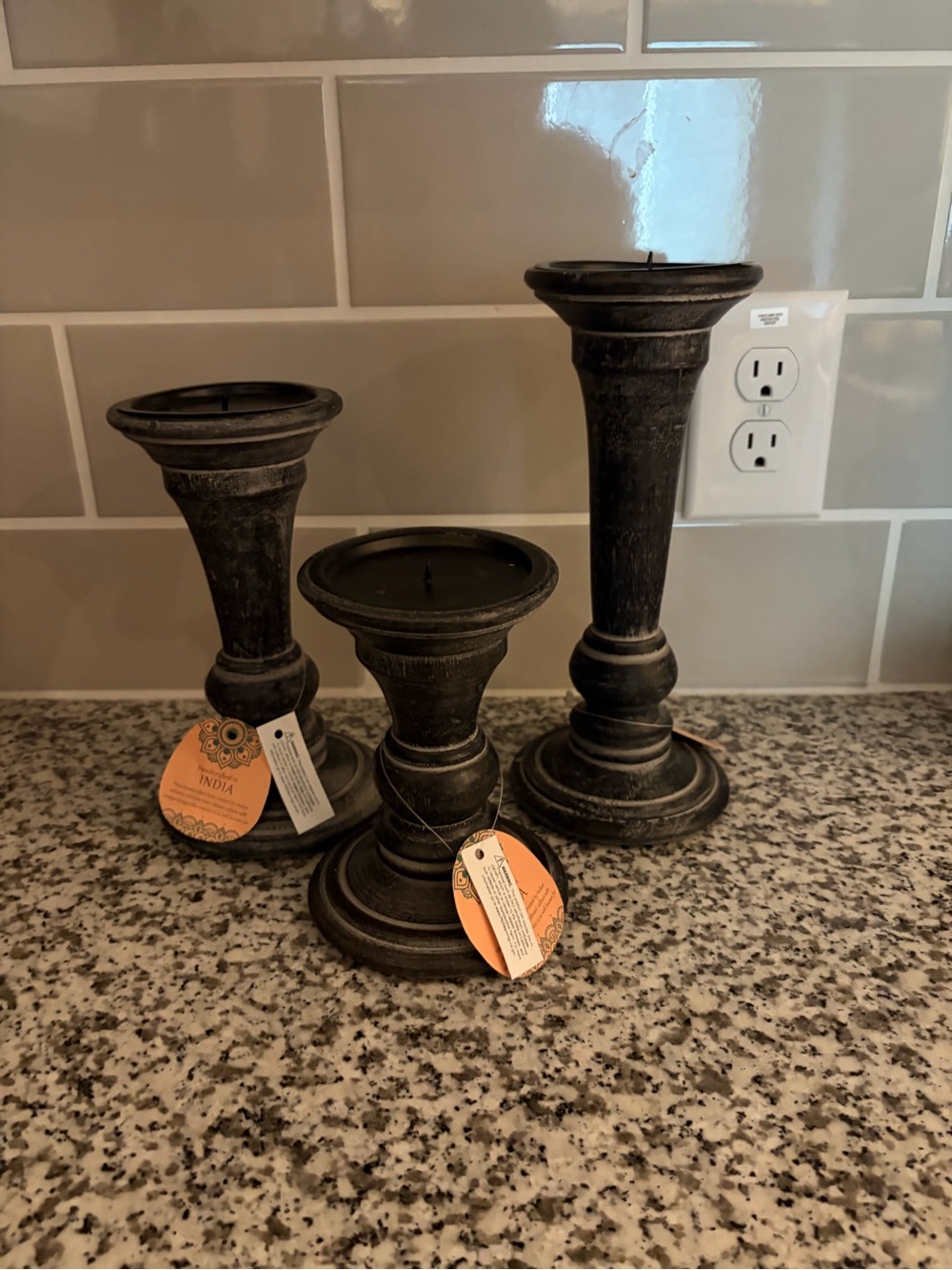 Rustic Black Wood Candlestick Set - 3 Piece